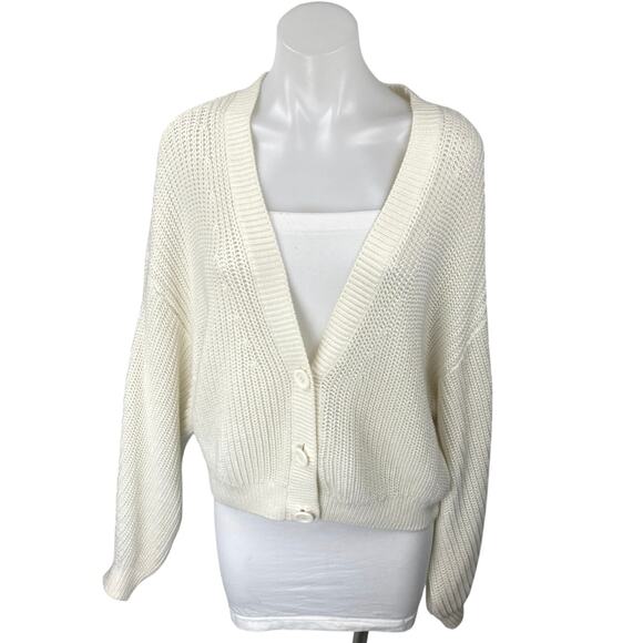 H&M White Long Sleeve Knit Deep V Neck Button Up Cardigan Sweater Top Size L - Picture 1 of 4
